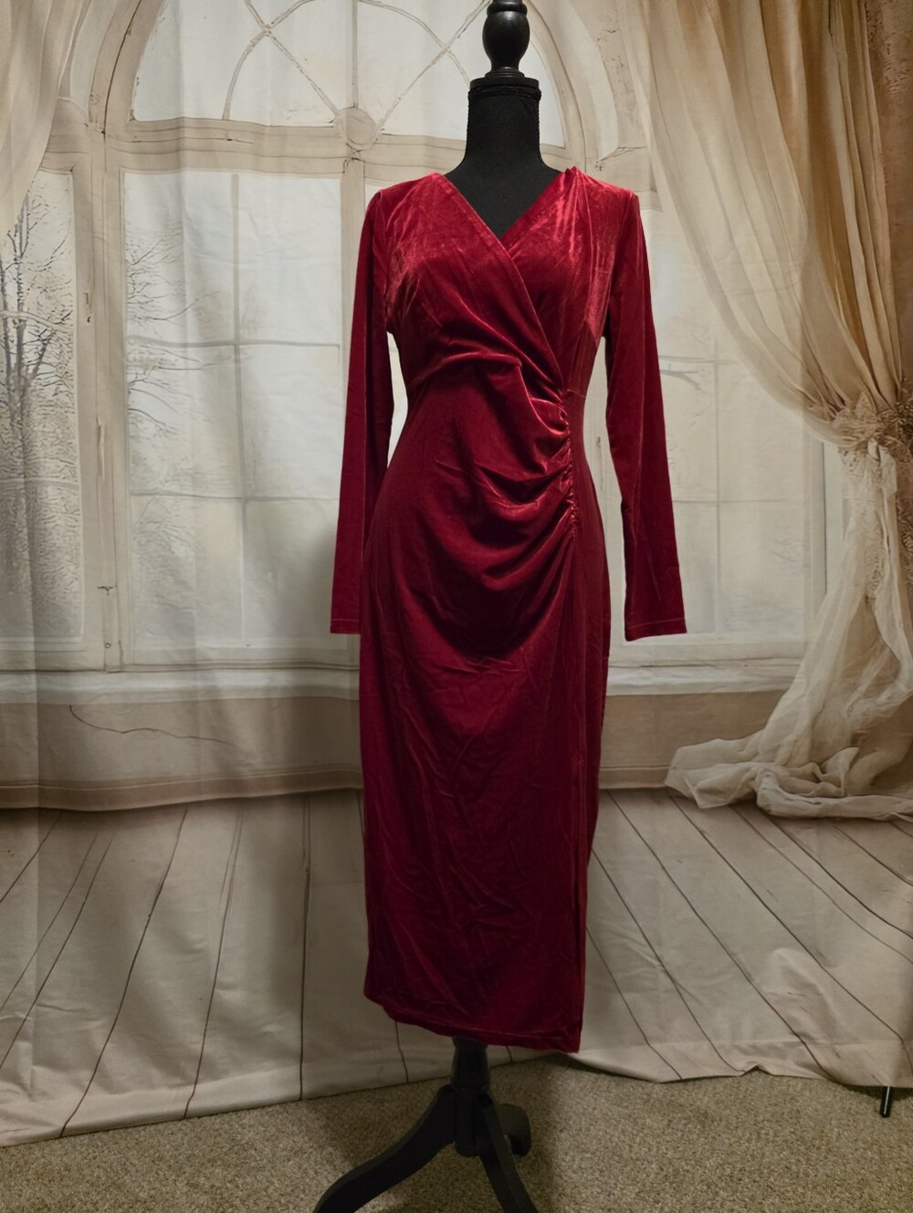 Allegra K Deep Red Velvet Long Sleeve Wrap Dress